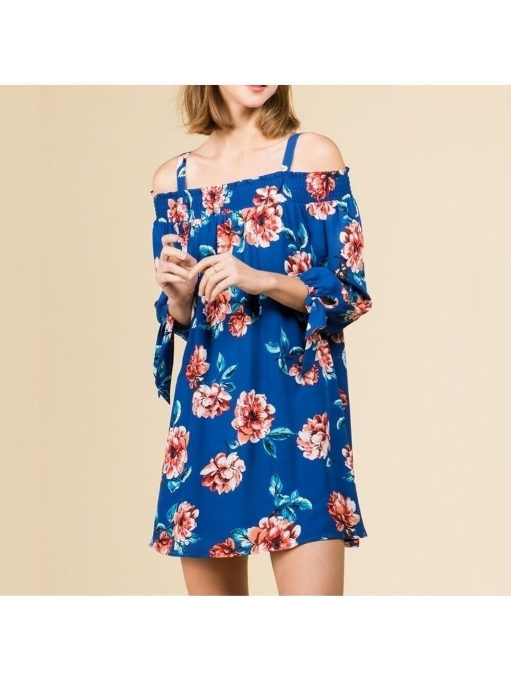 As U Wish Navy & Coral Floral Smocked Off-Shoulder Dress XL New With Tags